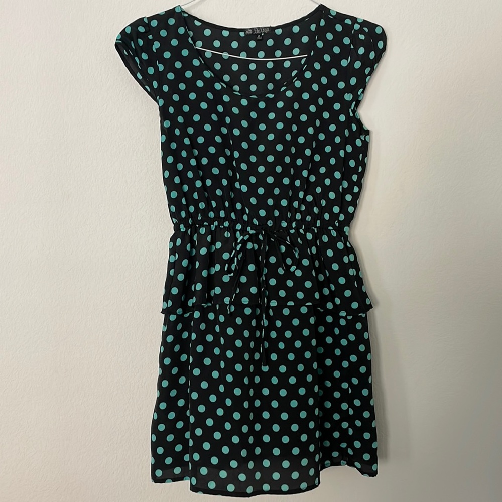Black casual dress with teal polka dots